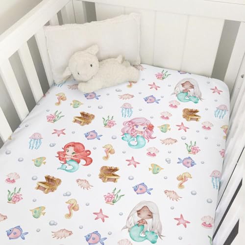 Image of Watercolor Mermaids Baby Crib Sheets 52''x28'' Ocean Animals Fish Sea Horse Jellyfish Conch Coral Stretchy Fitted Crib Mattress Cover for Boy Girl Soft Bed Sheets for Standard Crib Toddler Mattress