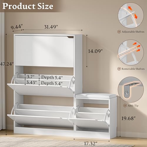 Image of BORNOON Shoe Cabinet with Bench and 3 Flip Drawers, Slim Narrow Shoe Storage Cabinet, Freestanding Shoe Rack Organizer with Adjustable & Removable Shelves, Anti-Tip for Entryway, Hallway, Foyer