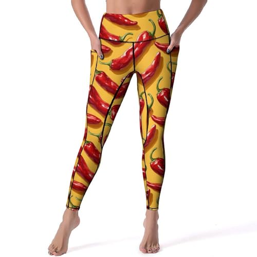 Pantalon de yoga avec poches et contrôle du ventre : legging imprimé piment rouge galbant