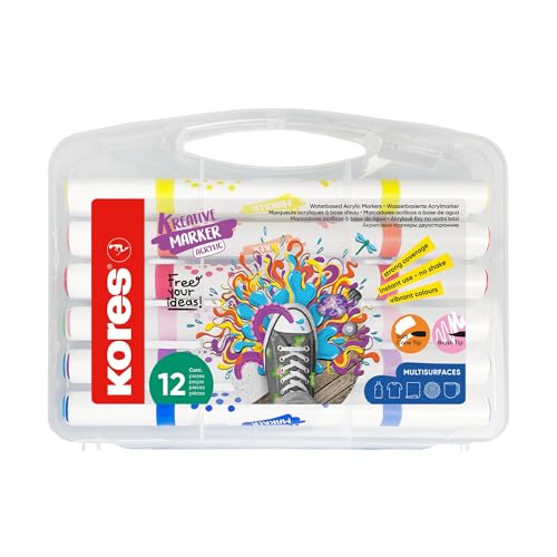 Kores - Kreative Marker Acrylic Duo Tip Set 12 colours - Brush and Cone Tips for Paper, Wood, Glass, Canvas, Rock, Fabric, Ceramics - DIY Crafts, No Shaking - 12 Pieces