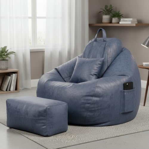Image of 4XL Suede Bean Bag Chair with Footrest & Cushion | Filled with High Density Polystyrene Beans | Premium Soft Fabric | Teardrop Design with Handle | Ready to Use Color- (NAVY BLUE, Bean Bag)