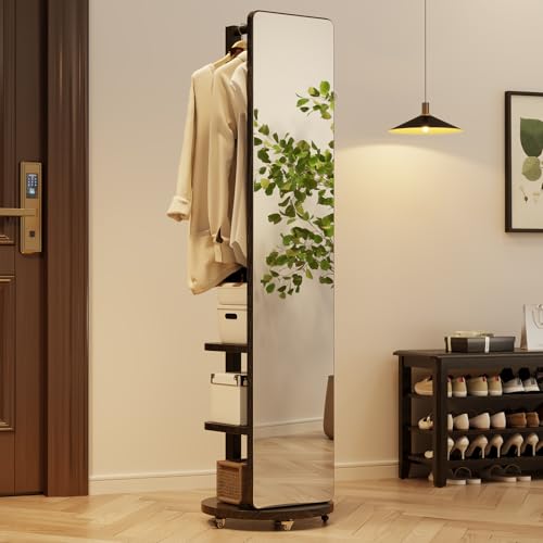 Image of WoodsWhisper Full Length Mirror Coat Rack Solid Wood Floor Mirror 66 inchx12 inch Full Length Mirror with Stand Long Mirrors for Bedroom,Living Room (Black-Mobile, 66 inch Lx12 W)