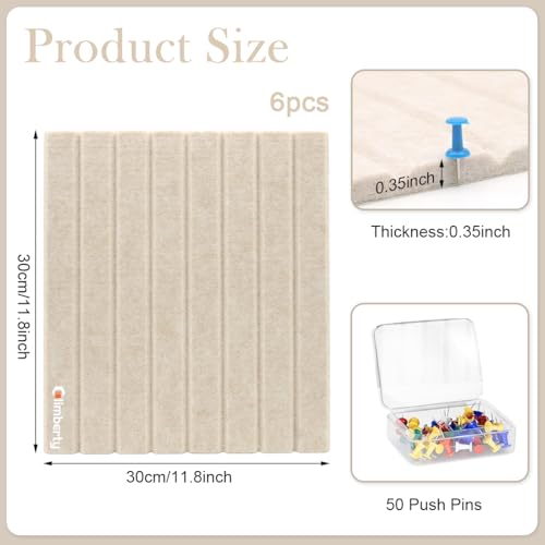 Image of Climberty 6-Piece Felt Board Bulletin Board,30x30cm Self-Adhesive Wall Panel,with 50 Pushpins Felt Message for Notes Photos and Schedules (Beige)