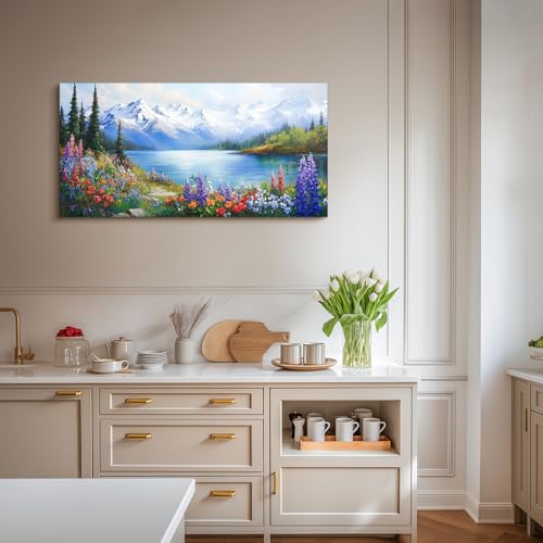 crmotu Lakeside Landscape Wall Art, Nature Wilderness Large Wall Decor, Mountain Tree Wildflowers Scenery Paintings, Cottagecore Canvas Pictures for Living Room Bedroom Farmhouse Art Prints 24x48 Inch
