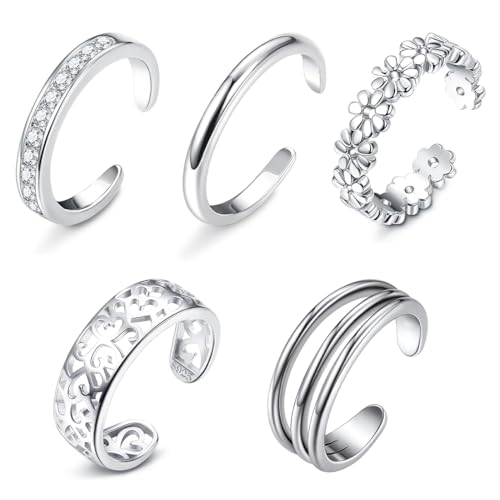 EIYVPRA 5 Piezas Anillos Plata de Ley 925 para Mujer con Anillos Abiertos Ajustables, Anillos Ajustables para Los Dedos del Pie, Conjunto de Joyas para Pies de Playa de Verano