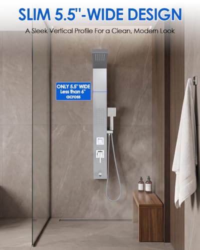 Image of ROVOGO Sleek Shower Panel Tower System, 4 Functions, 46-1 /2 inch H, Brushed