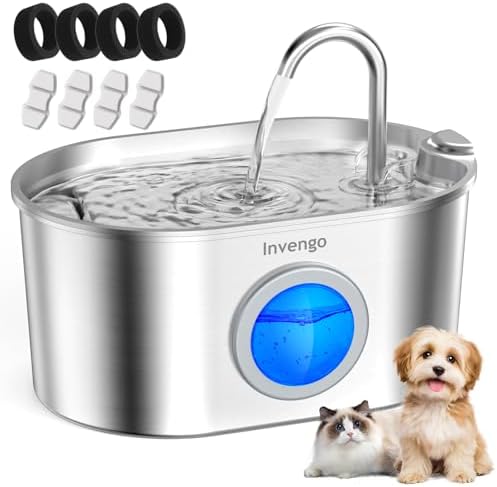 Invengo MeowFlow B30 Fuente de Agua para Gatos y Perros, 2.2L Fuente de Agua de Acero Inoxidable con Ventana Visible, Fácil de Limpiar, Incluye 4 Filtros de Repuesto