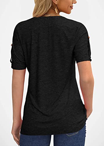 Women's Fashion Summer Pleated Button Short Sleeve T-Shirt Summer V-Neck Solid Color Casual Tunic Top Black #TOP2