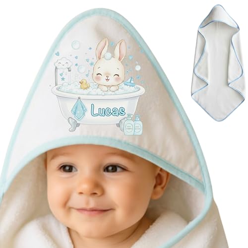 Capa de baño Bebe Personalizada 100x100cm – Toalla Bebe Recien Nacido Personalizada con Nombre – Algodón Regalos Bebes Recien Nacidos Originales – Hecho en España (Conejo Azul)