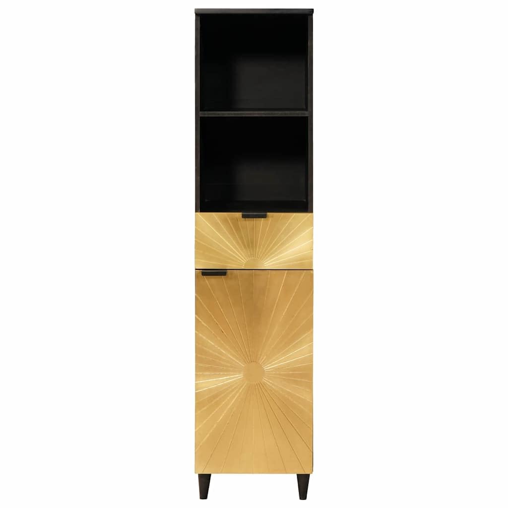 Gabinete de Baño Moderno Negro y Dorado 38 x 33 x 160 cm con Cajón y Estantes, Mueble de Almacenamiento Elegante para Organizar Productos de Higiene y Toallas, Construcción