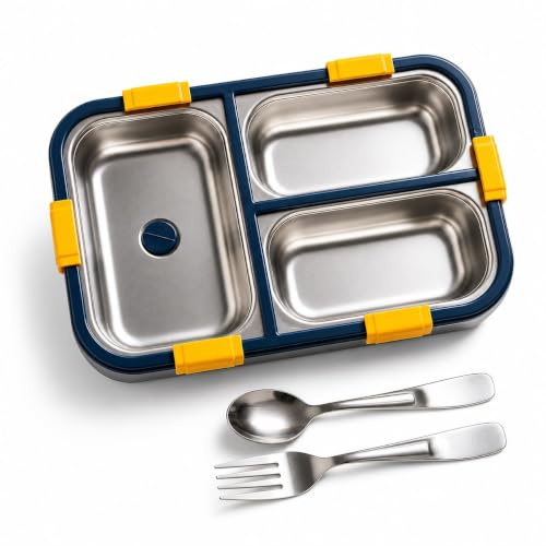 Image of 800 ml Stainless Steel Lunch Box, 3 Compartments, Blue | Leak-Proof Tiffin, Includes Spoon & Fork, BPA-Free Food Grade Steel, Dishwasher Safe, for School & Office