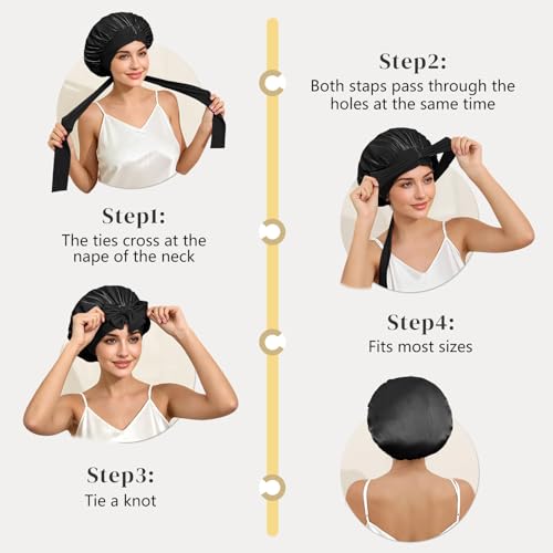 ZIMASILK 100% Mulberry Silk Bonnet for Sleeping Women Long Hair Double Layer Silk Hair Wrap with Tie Band Stay On Head (1Pc, Black)