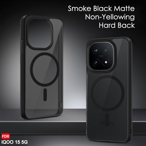 Image of TheGiftKart Hybrid Shockproof Back Cover Case for iQOO 15 5G Compatible with MagSafe | Hard Back Cover Case for iQOO 15 5G (PC & TPU, Translucent Smoke Matte Back, Black Sides)