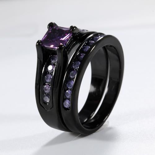 lvrong Couple Rings His Her Wedding Ring Sets Matching Rings Purple CZ Black Rings Titanium Men Ring by lvrong - Used condition - Image 5