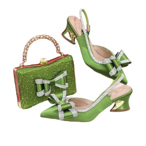 Women's Medium Heel Embroidered Pointed Toe Shoes Rhinestone Details Matching Evening Bag Set