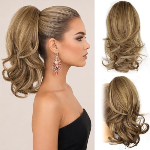 14 Inch Ponytail Extension - Wavy Pony Tails Hair Extensions Claw Clip Ponytail Extension Synthetic Hair Extensions Ponytail Clip on Ponytails for Women (Light Brown With Beige Highlights)