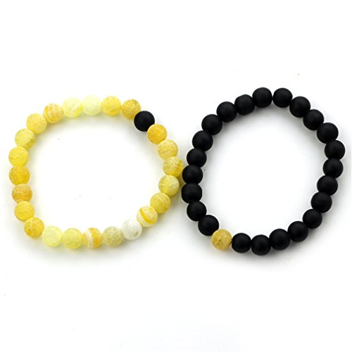 OUGWA Black Matte Agate Yellow Weathering Scrub Agate 8mm Beads Couples His and Hers Bracelet (Yellow and Black 2pcs/sets) - Image 3
