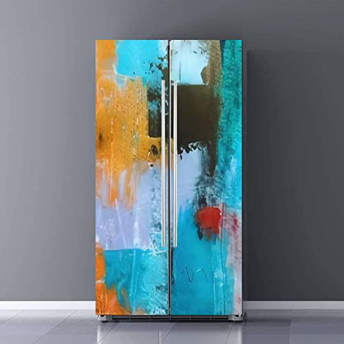 Self Adhesive Vinyl Refrigerator Wrap Set Abstract Colorful Oil Painting Canvas Texture Hand Drawn Brush Stroke Door Mural Sticker Removable Fridge Sticker Cover Peel and Stick Kitchen Decor