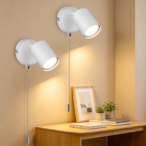 Ketom 2 Pièces Appliques Murales Intérieure GU10, Applique Murale avec Interrupteur à Tirette, Applique LED Réglable, Spot Mural Blanc Moderne Industrielle...