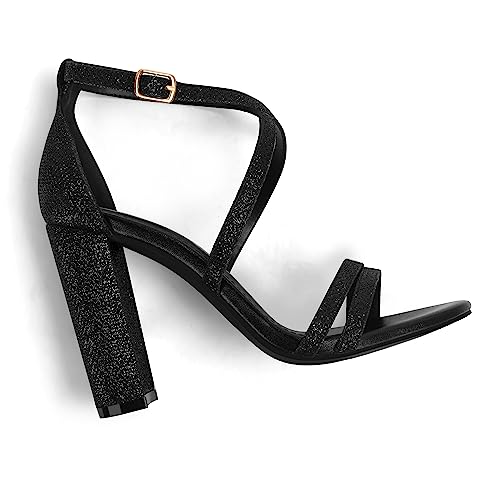 Carcuume Women's Strappy Heels 4-inch Chunky Block Heel Open Toe Ankle Strap Comfortable Party Wedding Shoes3