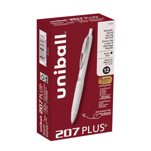 Stylo gel noir Uniball 207 Plus+ 0.7mm rétractable pour écrire sans bavure ni fatigue lot de 12