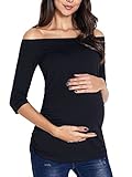 AnnAnn Womens Maternity Tunic Tops Off Shoulder 3/4 Sleeve Classic Side Ruched T-shirt Fitted Pregnancy Clothes, Black, Small