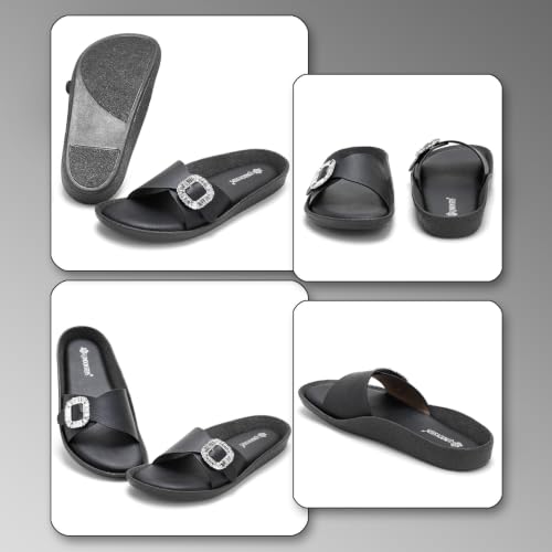 Image of Women Fashion Cross Strap Sliders with Crystal Buckle | Stylish Casual Slip-On Sandals for Women | Lightweight Comfort Slides Everyday Wear