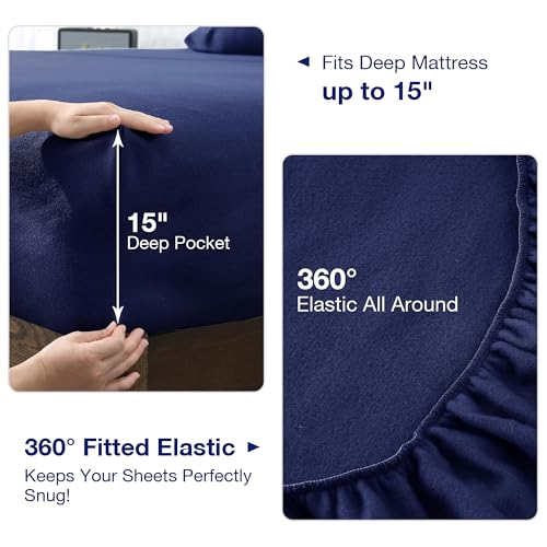 Image of Fleece Sheet Set Full, Soft Plush Bed Sheets, 4-Piece, Dark Blue | 100% polar fleece, plush on both sides for winter warmth; low-shedding, pill-resistant, 15-inch pocket, machine washable