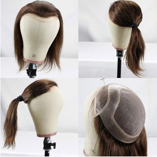 Men's Toupee 30 cm długi system zastępczy z prawdziwych włosów, francuski front koronkowy, męski tuupet, delikatne mono i podstawa PU