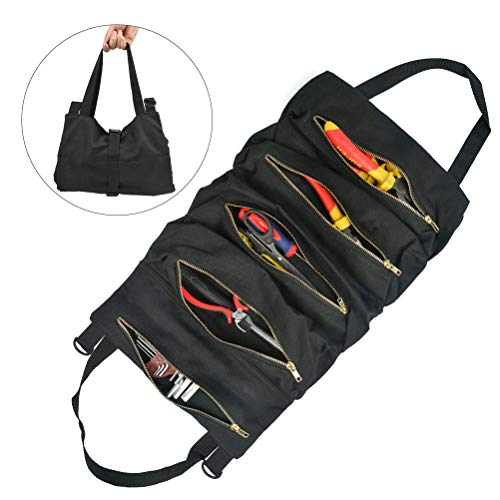 OFNMY Canvas Tool Roll Organizer,Tool Roll Up Bag & Wrench Organizer,Wrench Roll Pouch with 5 Pockets,Tool Organizer Bucket for Electrician,HVAC, Plumber, Carpenter or Mechanic - Black