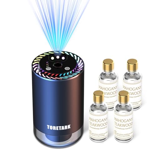 Smart Car Air Freshener with Star Light & 200ml Diffusers Oil Refills, Auto On/Off Aroma Diffuser, 3 Adjustable Mist Modes Rechargeable Aromatizante para Carro - Car Diffuser(Mahogany Teakwood*4)