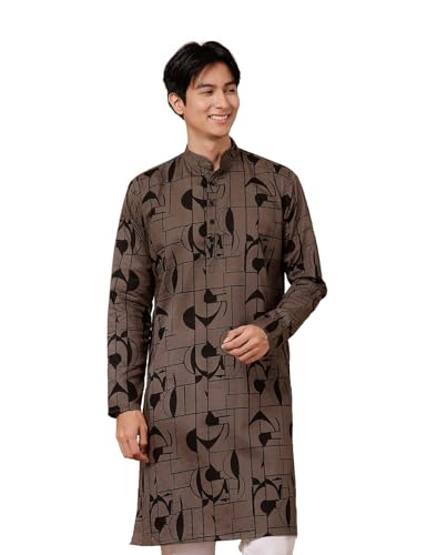 Image of Majestic Man Men's Cotton Regular Fit Casual Mandarin Collar Ethnic Motifs Printed Long Regular Kurta