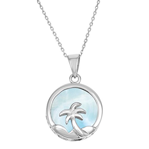 Sterling Silver Larimar Necklace Natural Gemstone Palm Tree Circle Pendant Necklace with 18