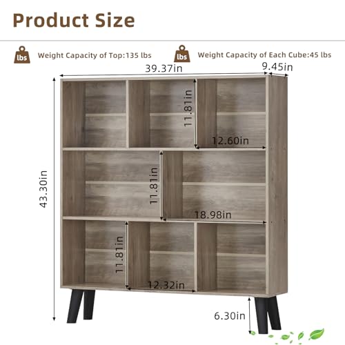 LEYAOYAO 8 Cube Bookshelf,3 Tier Bookcase with Legs,Modern Grey Mid-Century Bookshelves,Large Farmhouse Open Storage Organizer Shelf, Retro Wooden Display Book Case for Bedroom,Living Room,Office