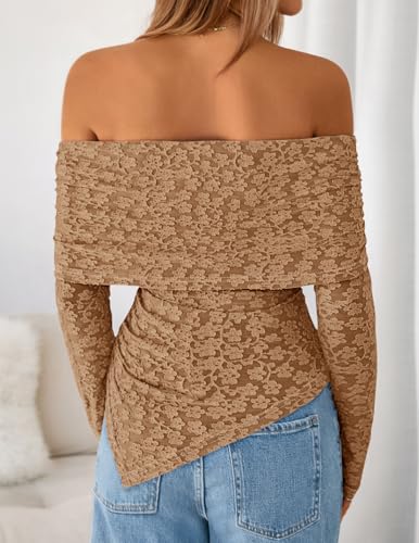 ZESICA Women's Fall Floral Off Shoulder Tops 2025 Mesh Long Sleeve Shirts Asymmetrical Ruched Tee Blouses Trendy Outfits4