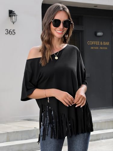 MYMORE Women's Off The Shoulder Fringe Tops Oversized T-Shirt Short Sleeve Western Cowgirl Cowboy Top Country Concert Outfit2