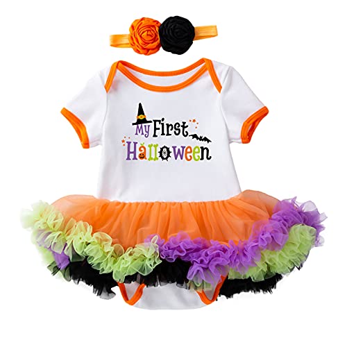 Toddler Baby Halloween Pumpkin Print Bodysuit Tutu Tulle Dress Warmer Headband Outfit Set Fashion Orange 12-24 Months