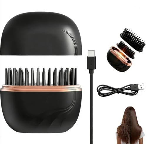 Glambrush Mini Hair Straightener, Mini 2-in-1 Cordless Hair Straightener Comb,30s Fast Heating Hot Comb,3-Speed Temperature Control,for All Hair Types, Travel, Home Use (Black)