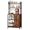 IRONCK Bakers Rack, Microwave Stand with Power Outlets, Kitchen Storage with Wheels & Feet, Coffee Station with Cabinets and 10 S-Hooks, Vintage Brown