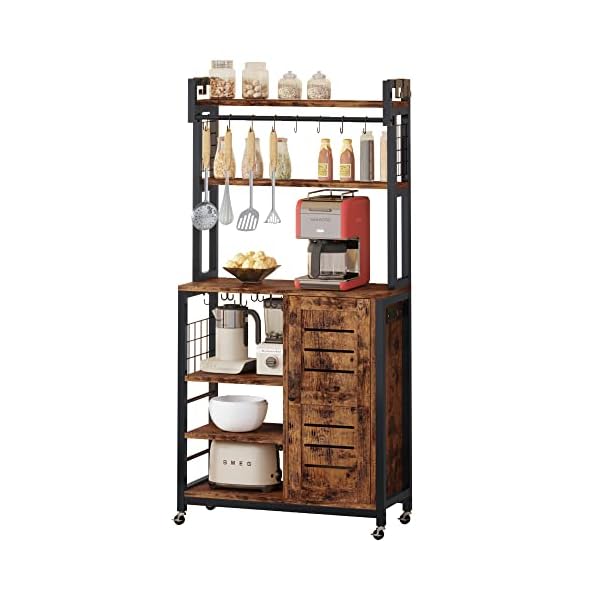 IRONCK Bakers Rack, Microwave Stand with Power Outlets, Kitchen Storage with Wheels & Feet, Coffee Station with Cabinets and 10 S-Hooks, Vintage Brown