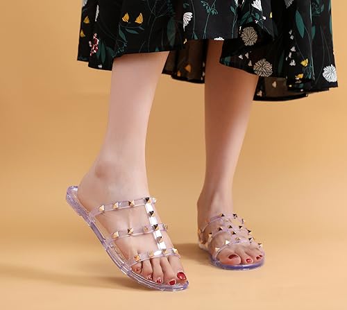 Image of Women Flats Sandals, Studded Jelly Shoes Size 9 Red Dressy Summer Beach Rivets Strappy Jellies Slide Slip On Open Toes