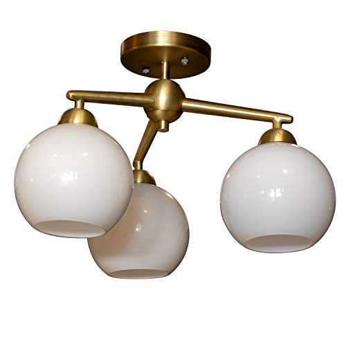 Décor Therapy CH1910 Michael Milk Glass 3 Semi Flush Mount Ceiling Light, Antique Brass