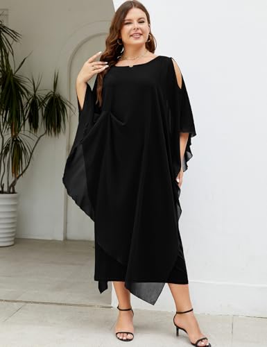 Image of ZOMVA Plus Size Elegant Formal Dress Long Cape Overlay Wedding Guest Formal Cocktail Mother of Bride Outfit
