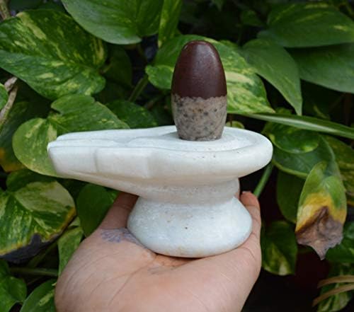 Rare Narmada Shiva Lingam Statue with White Marble Yoni from India, Fertility Symbol, Traditional Indian Hindu Shiva Figure Art, Temple Pooja and Decor Idea, Lord Lingam with Handmade Marble Jaldhari