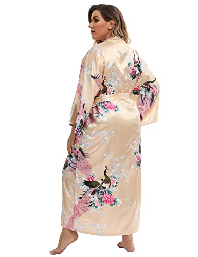 Image of Women's Floral Long Satin Robes Plus Size Long Silk Robes Peacock Floral Kimonos Sleepwear Dressing Gown
