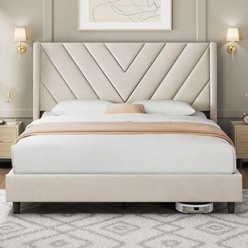 Yaheetech Beige Upholstered Queen Bed Frame