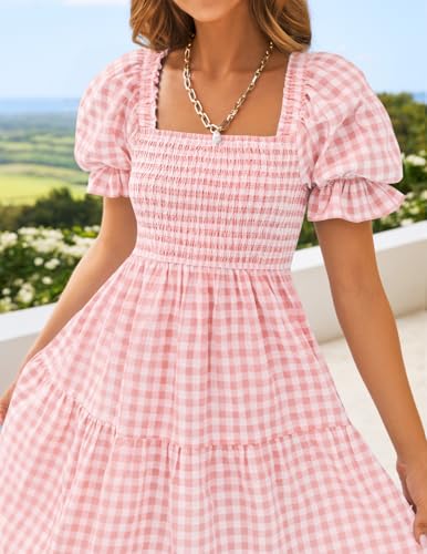Image of ZESICA Women's 2026 Boho Summer Dresses Gingham Puff Sleeve Square Neck Flowy Beach Midi Dress