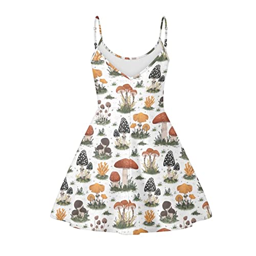 Biyejit Cute Mushroom Print Women's Summer Dresses Sleeveless Flared Swing Cocktail Dress Casual Loose Sundress #TOP1
