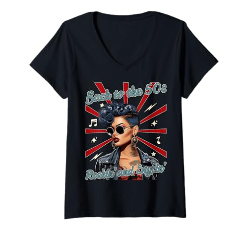 Mujer 50s Rockabilly Woman 1950s Sock Hop Swing Greaser Rocker Camiseta Cuello V