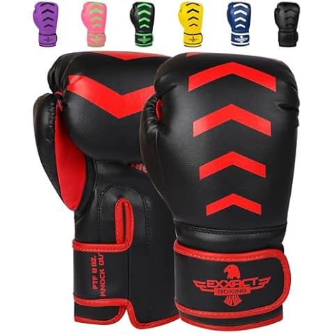 Exxact Sports Knockout Youth Boxing Gloves for Kids (3-15 Years) with Padded Protection and Wrist Support, Durable Engineered Leather Kids Boxing Gloves for Sparring (Black/Red, 8 OZ) Cover